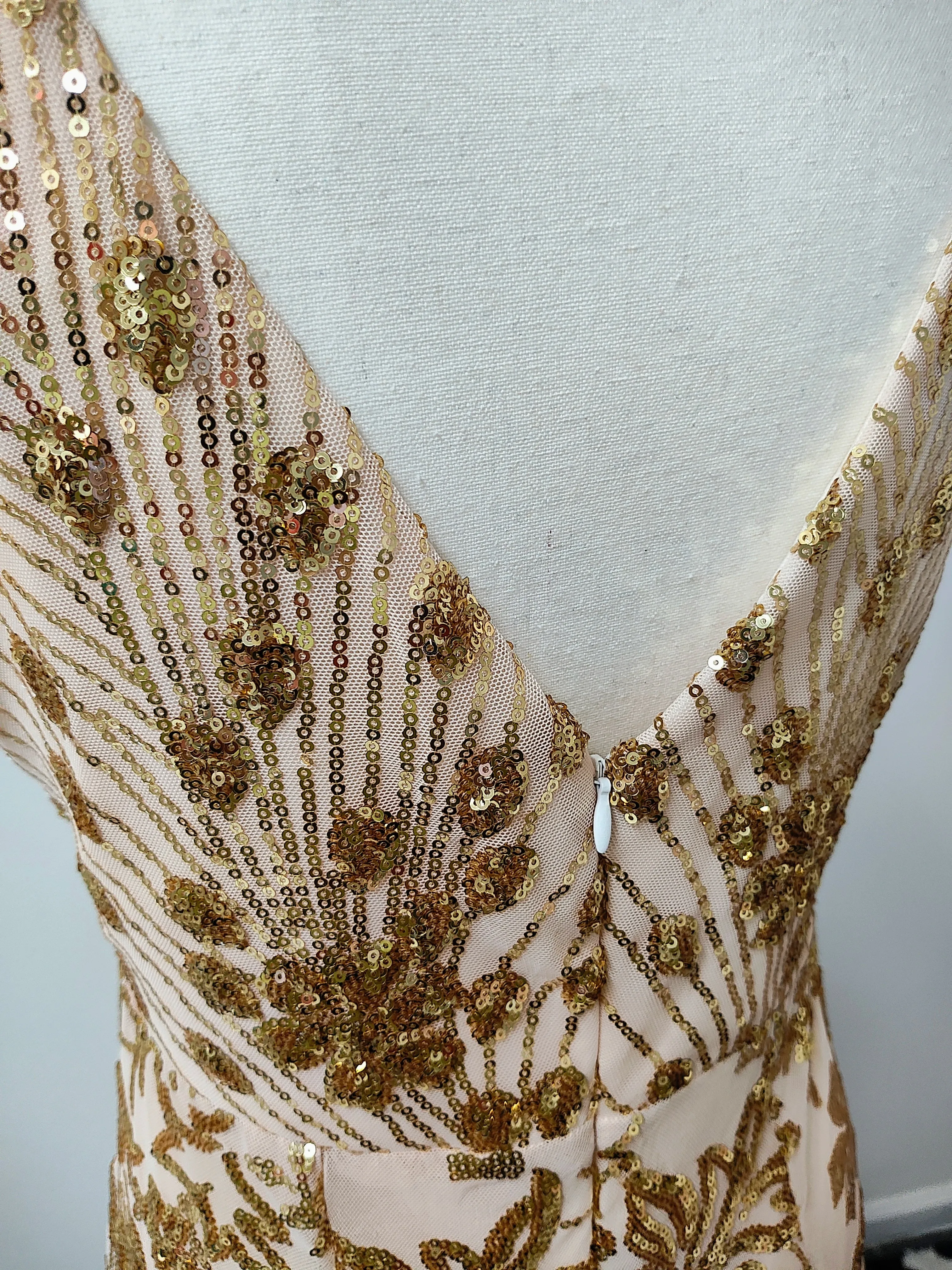 Nude gold sequin prom dress photo 4