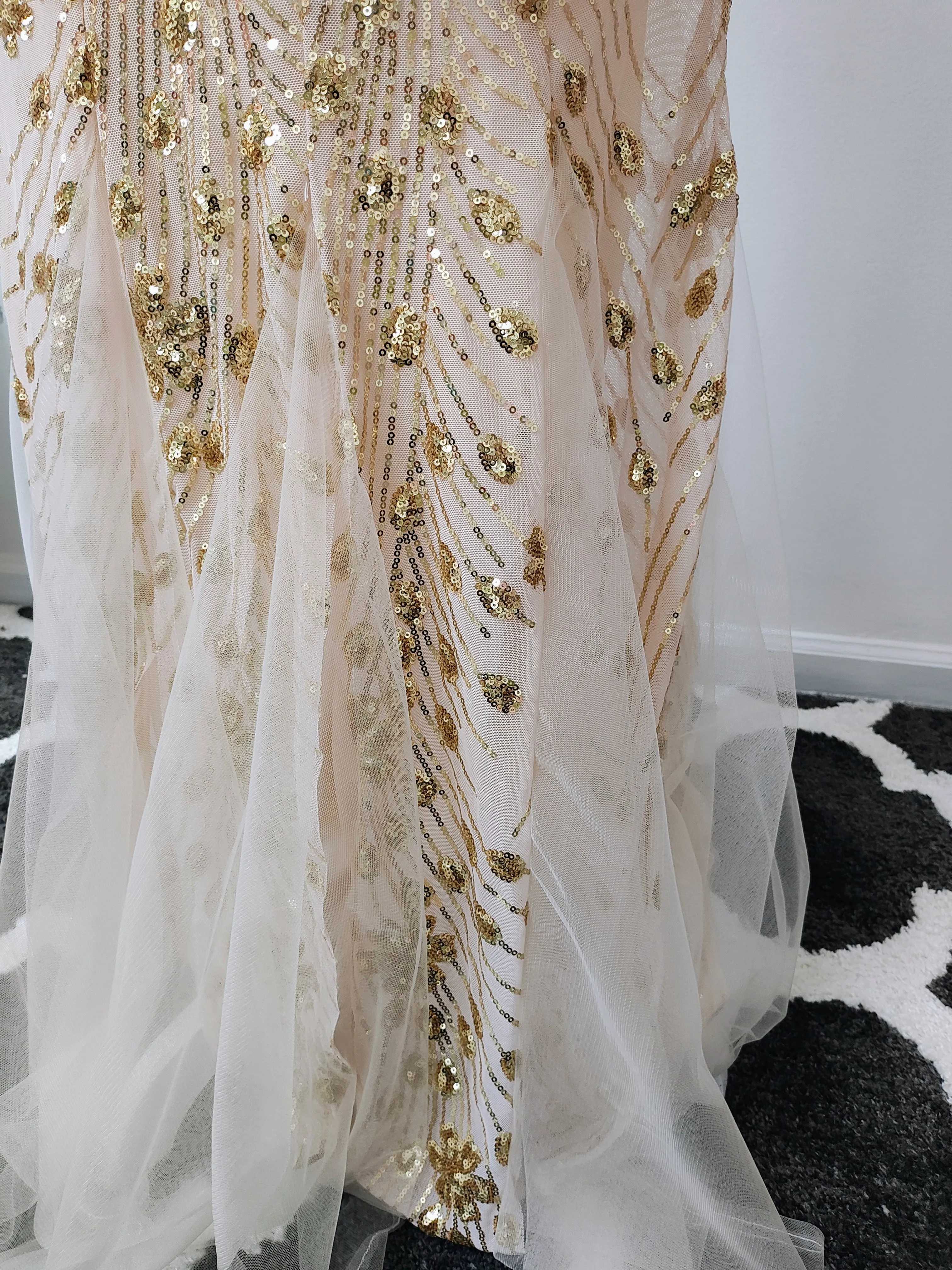Nude gold sequin prom dress photo 7