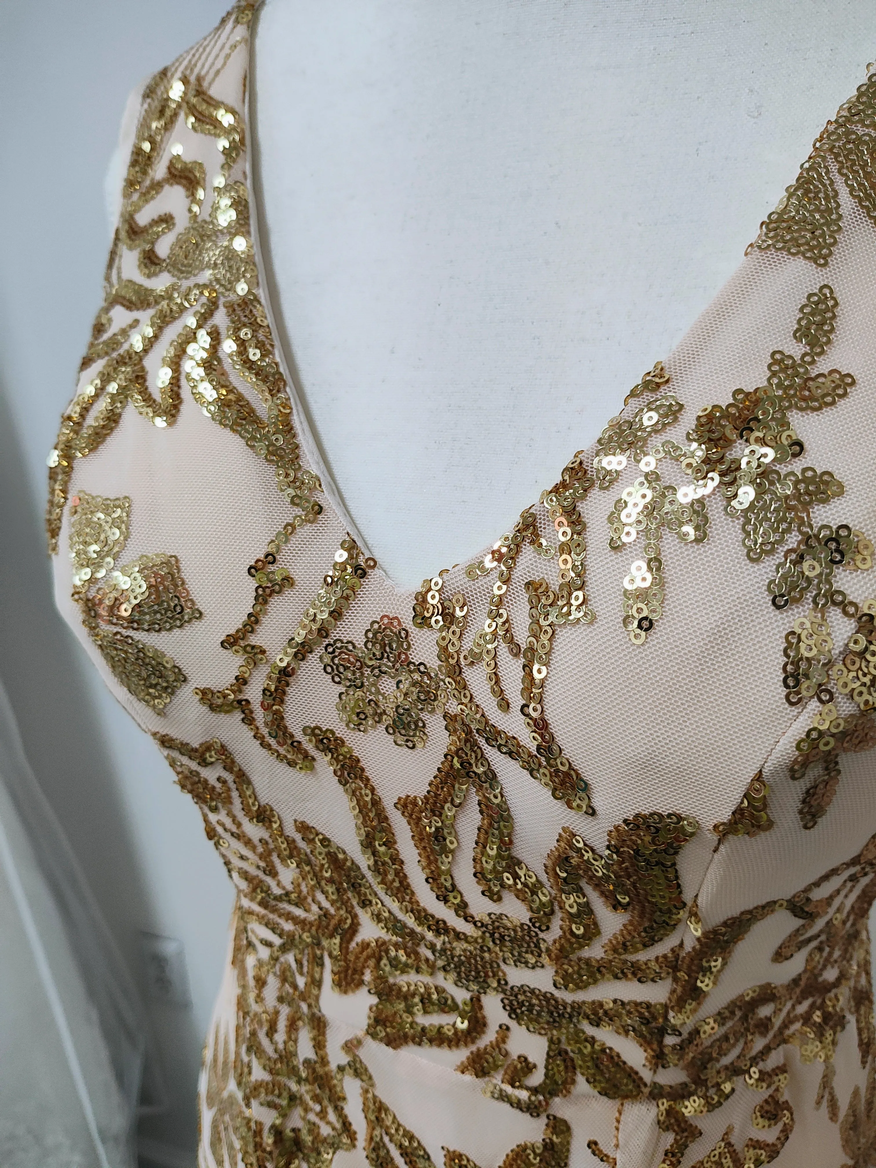 Nude gold sequin prom dress photo 2