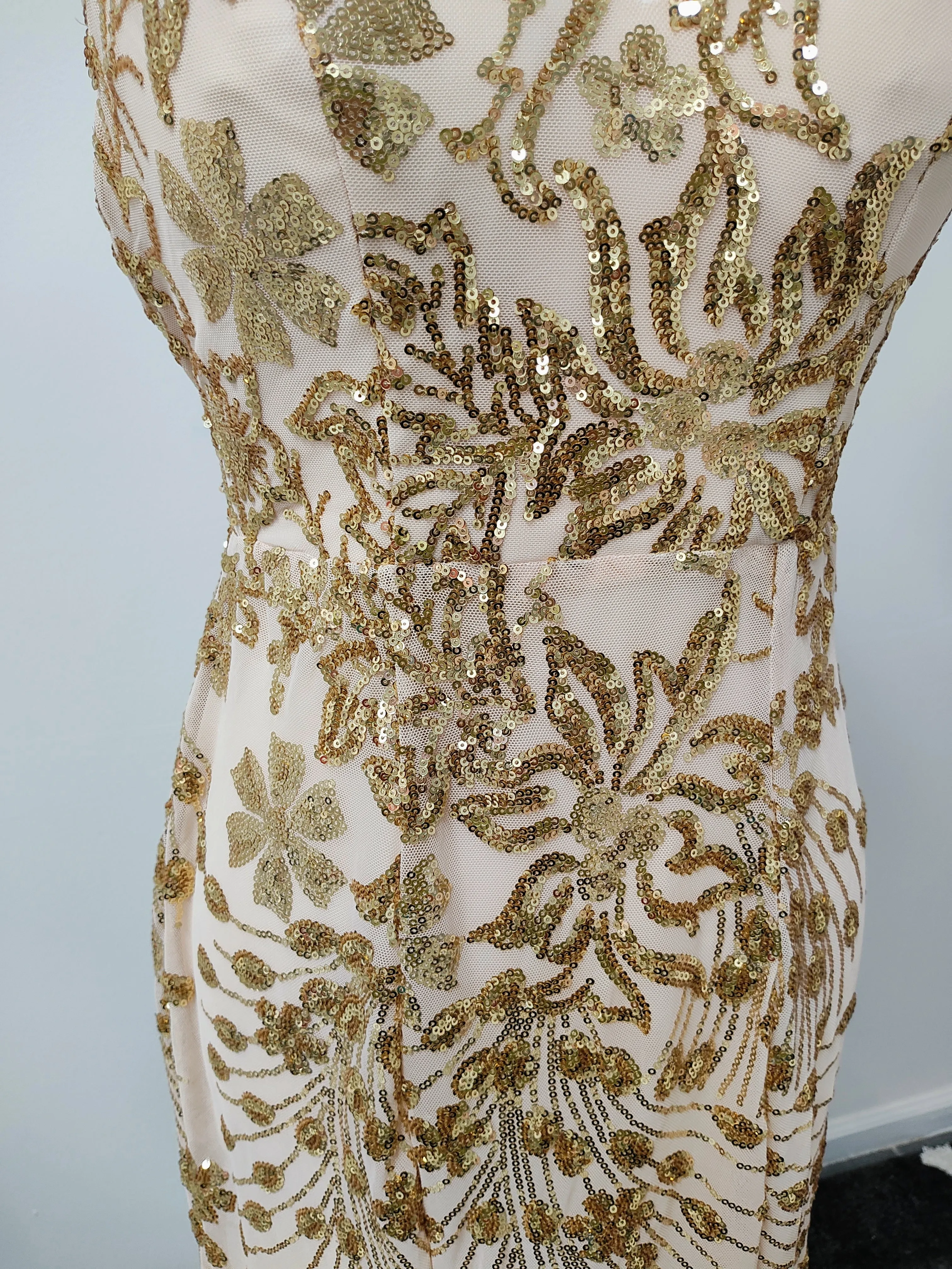Nude gold sequin prom dress photo 5