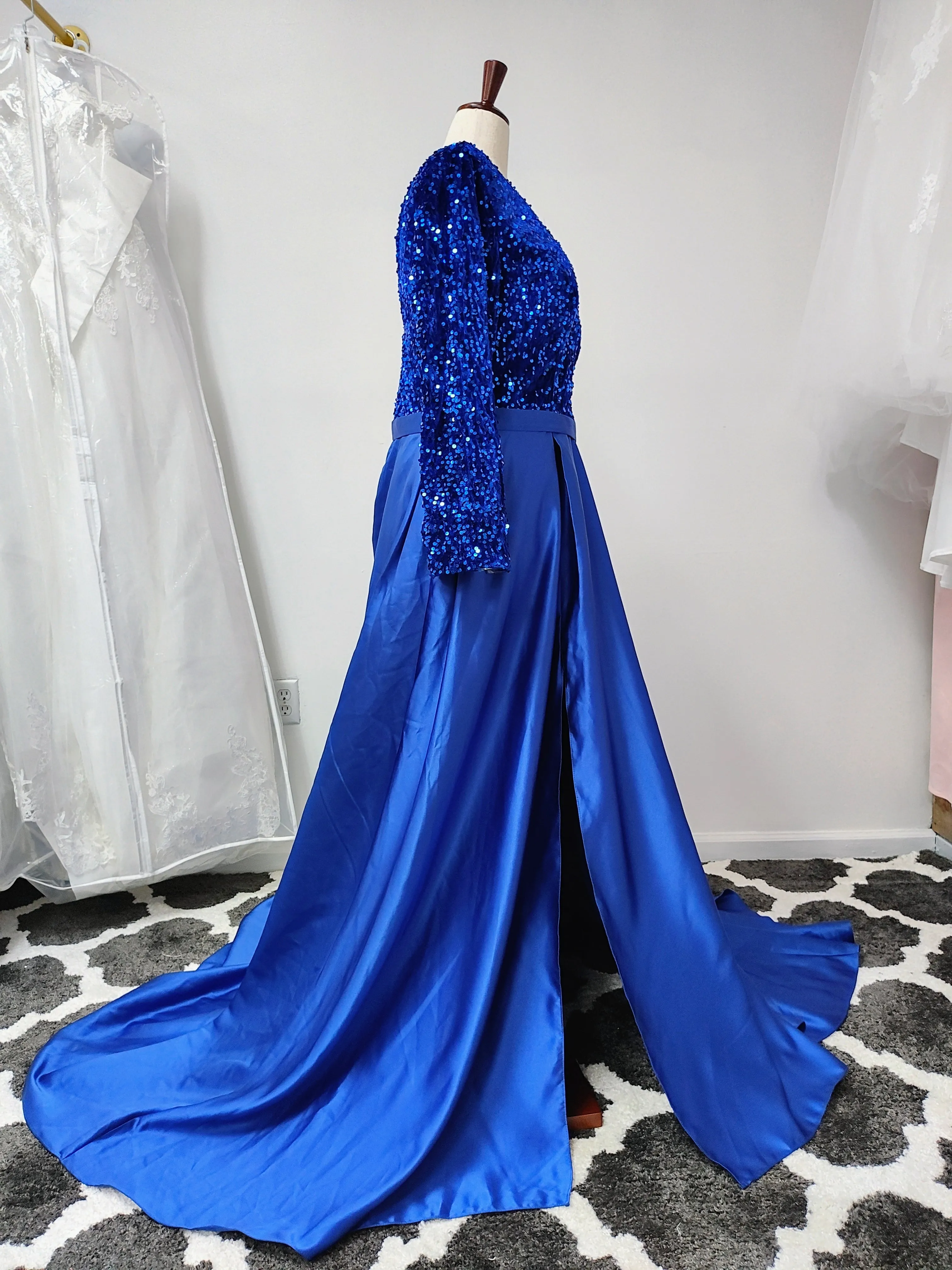 Royal Blue sequin dress with satin train photo 4