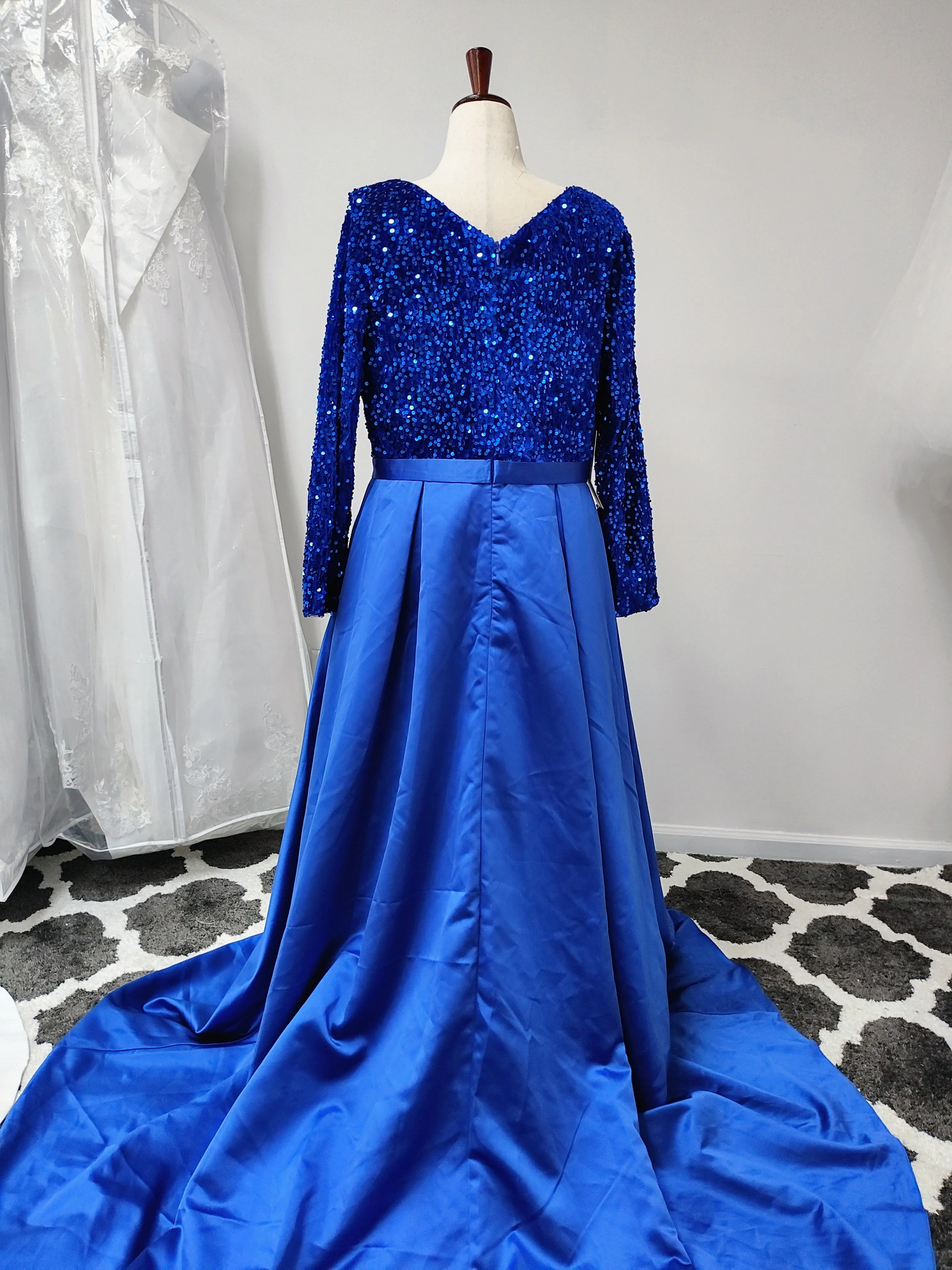 Royal Blue sequin dress with satin train photo 5