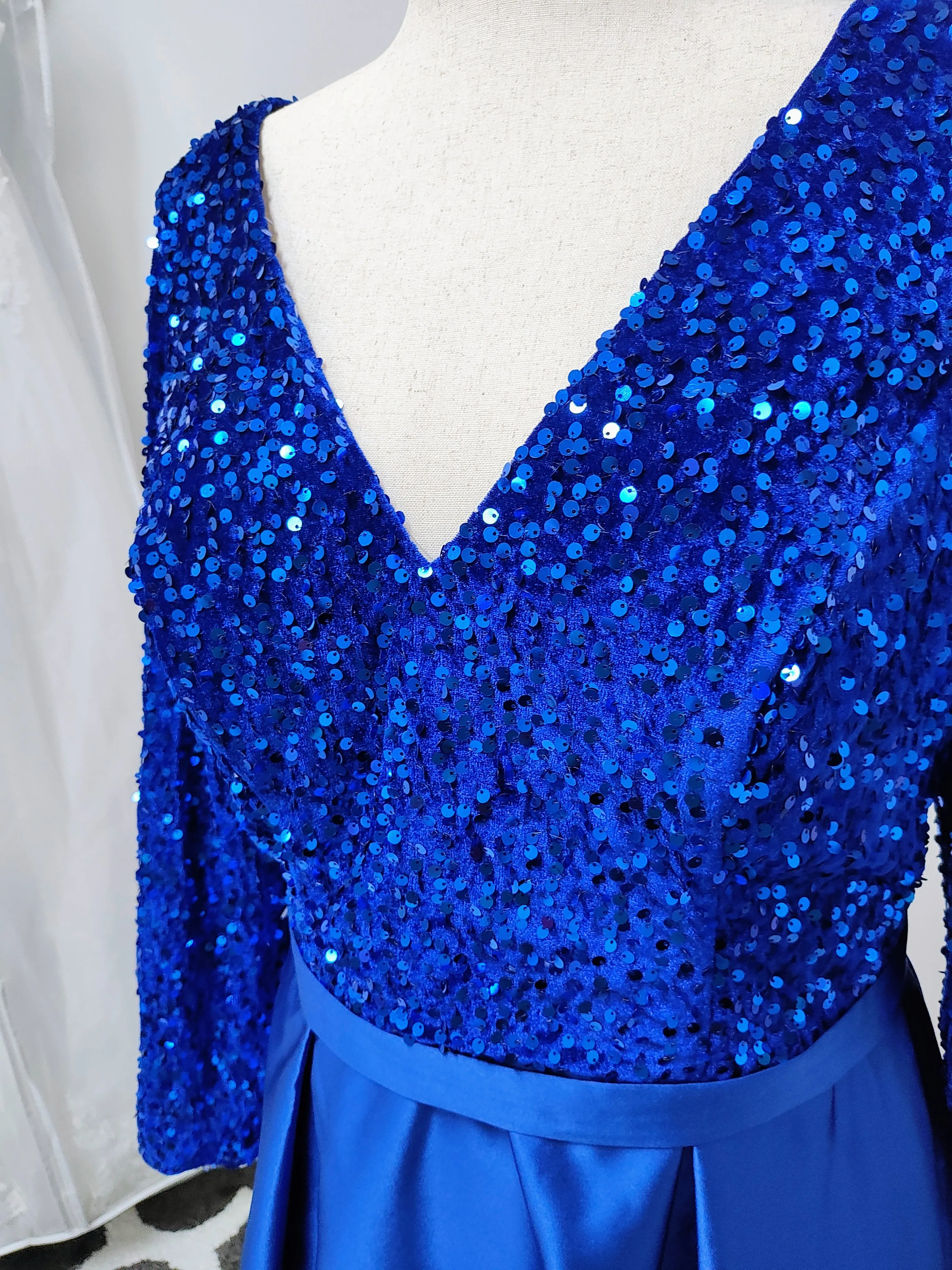 Royal Blue sequin dress with satin train photo 2