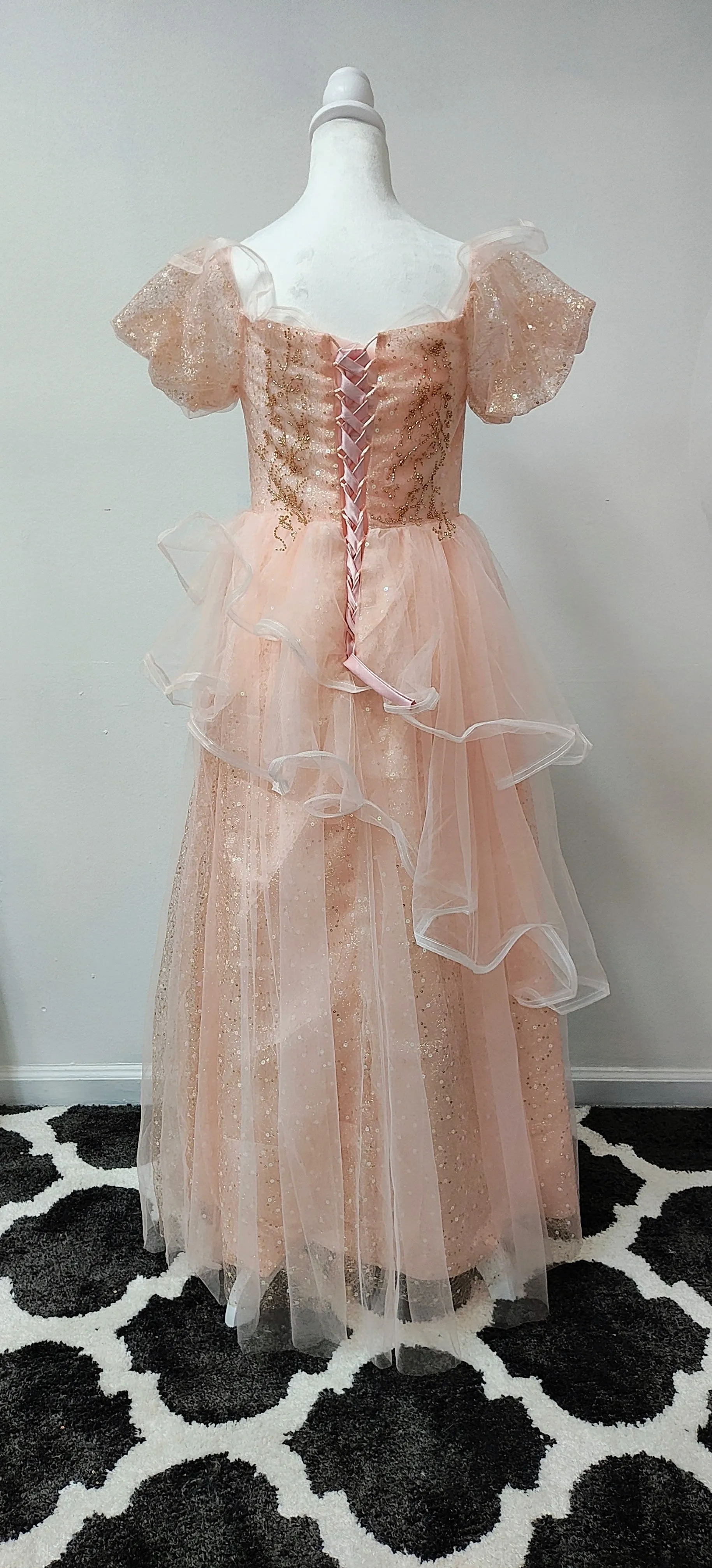 Pink gold sequin ruffled prom dress photo 5