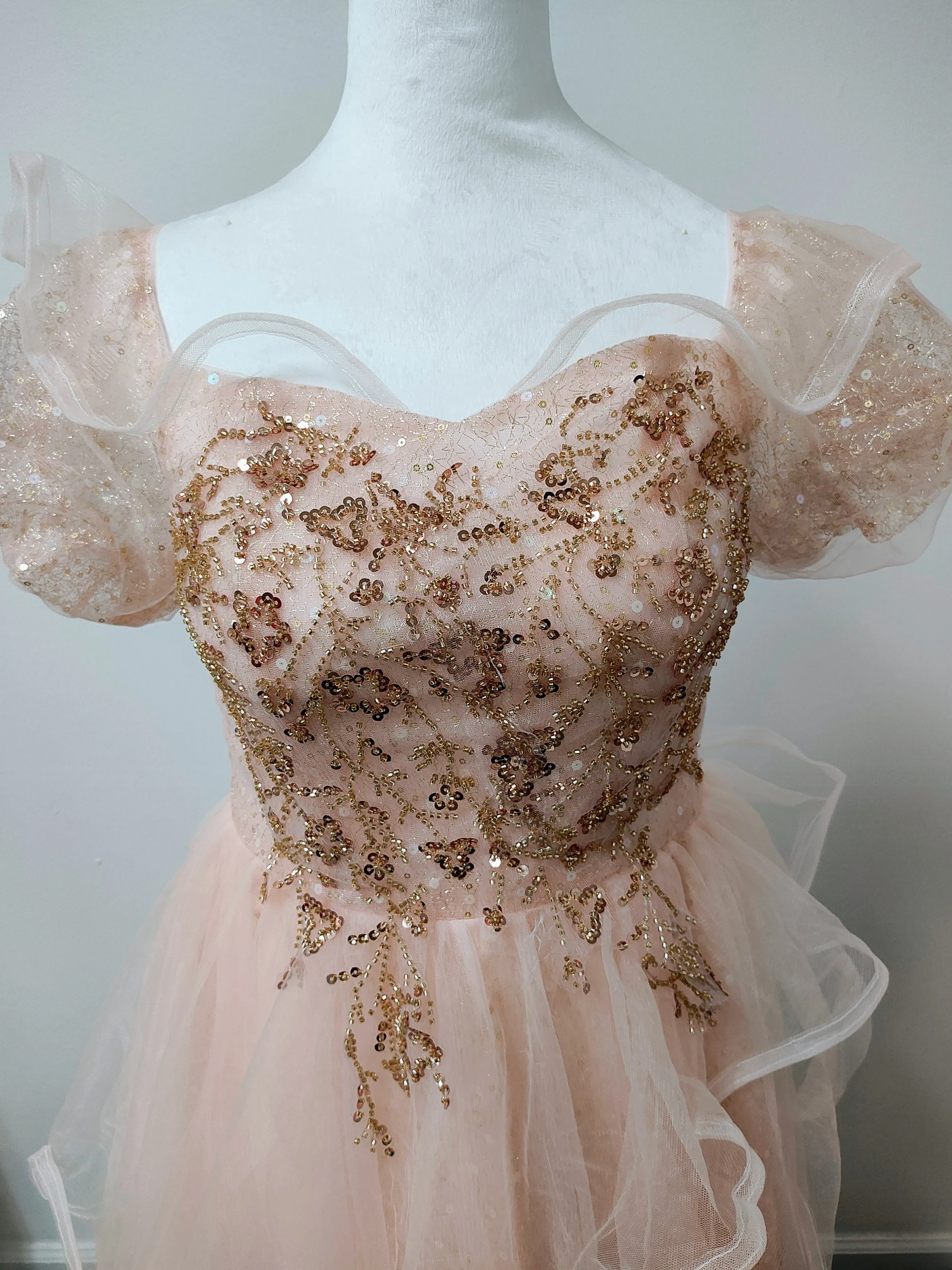 Pink gold sequin ruffled prom dress photo 2