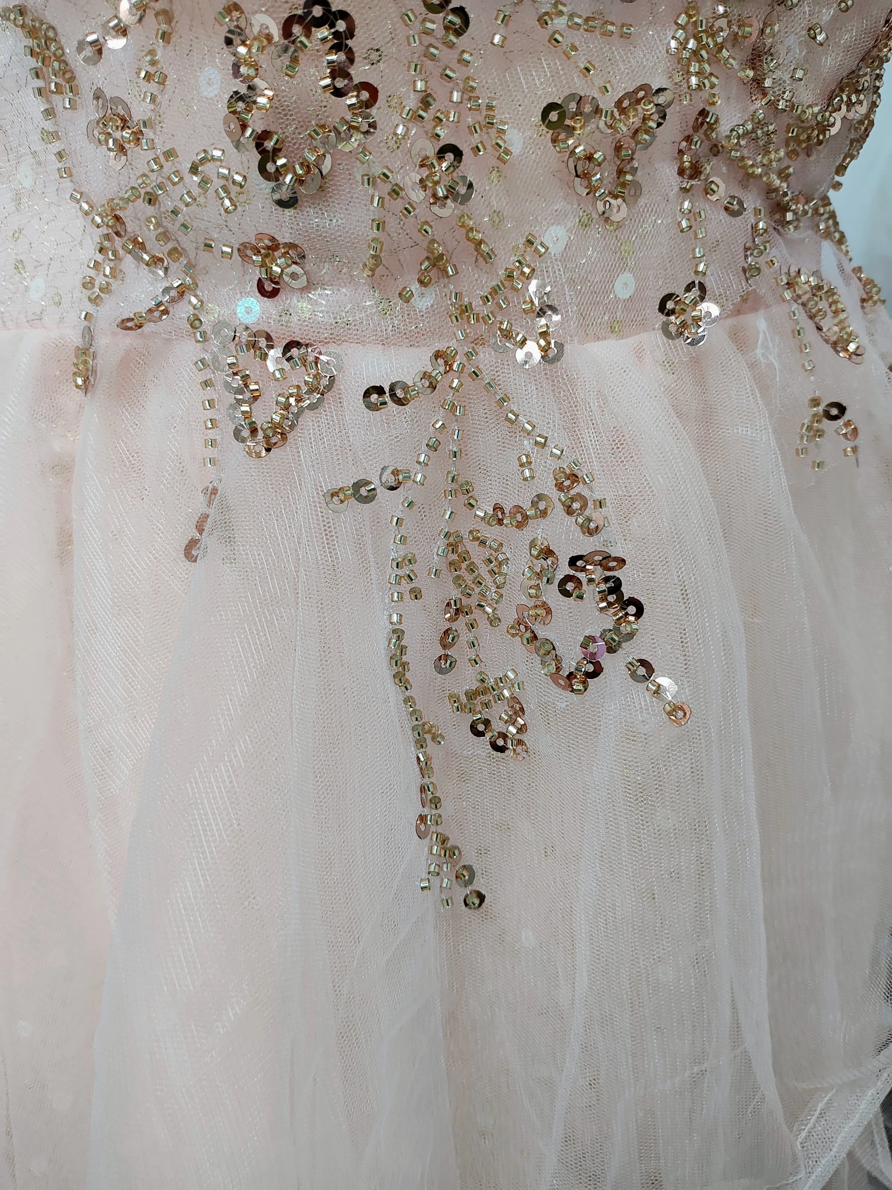 Pink gold sequin ruffled prom dress photo 6