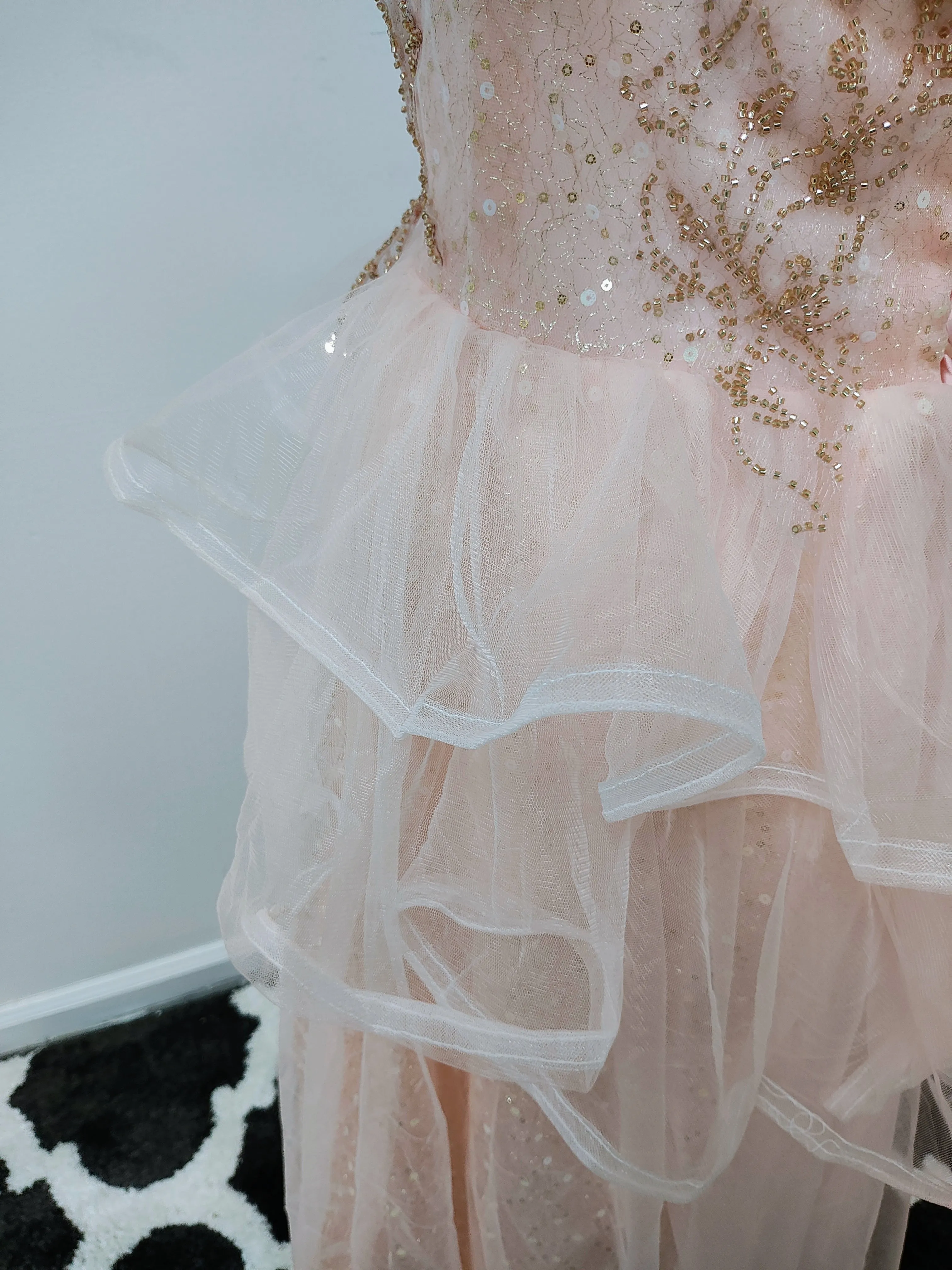 Pink gold sequin ruffled prom dress photo 3