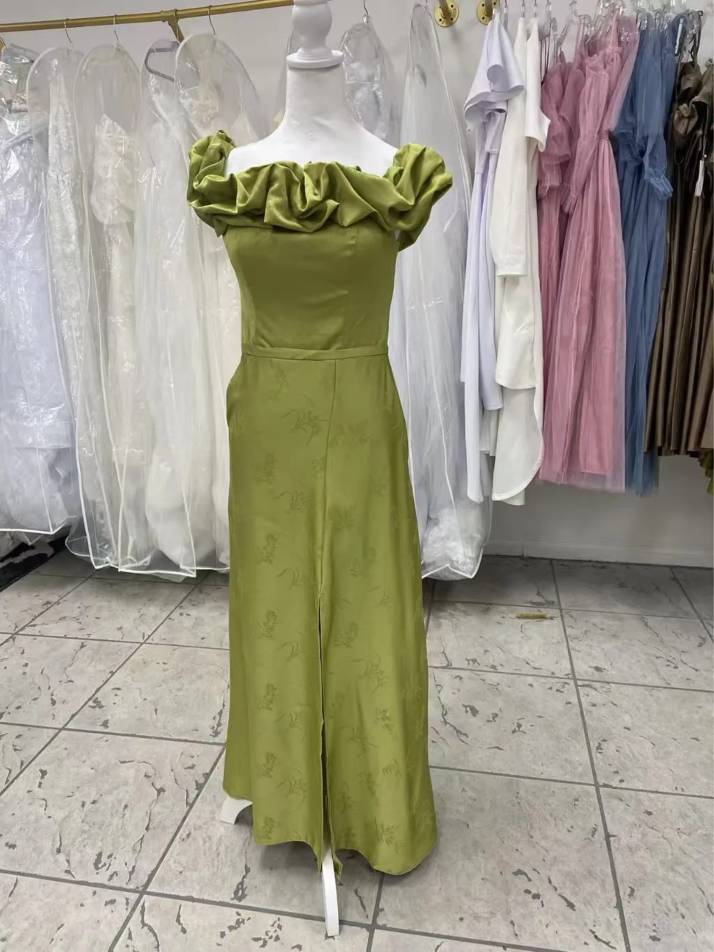 Ruffled Olive Gown Bridesmaids Dress photo 2
