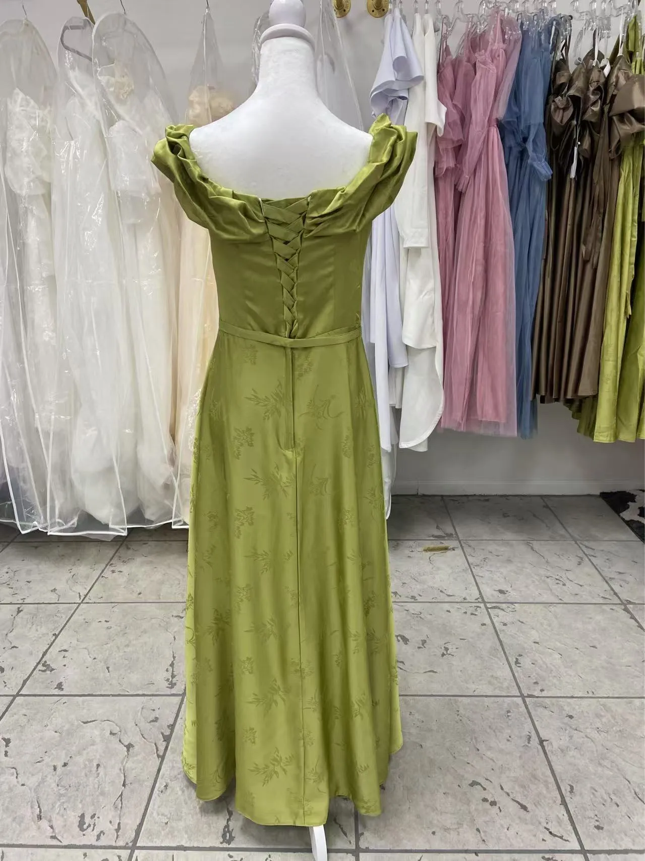 Ruffled Olive Gown Bridesmaids Dress photo 5
